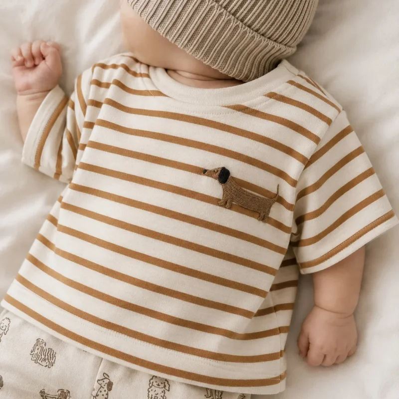 Baby & Kinder Oversize T-Shirt Dackel | Streifenshirt Caramel | Handmade Jersey Shirt Größe 62–116